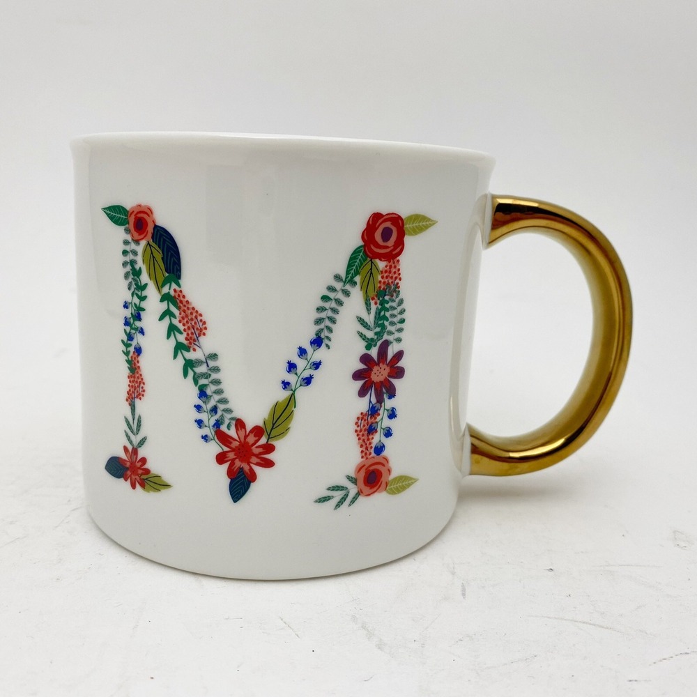 Opalhouse Floral Letter M Initial Monogram Porcelain Mug Coffee Tea White Gold